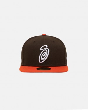 Stussy New Era 59Fifty Curly S - Unisex Bruin Oranje | GBEEC13479