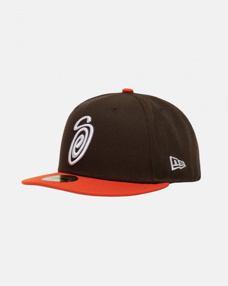 Stussy New Era 59Fifty Curly S - Unisex Bruin Oranje | GBEEC13479