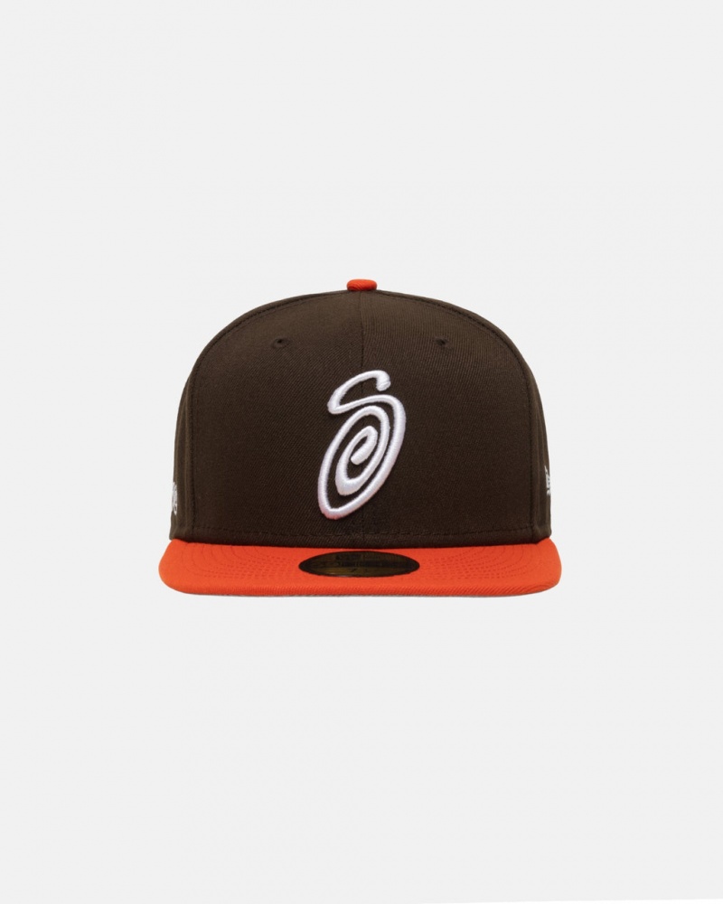 Stussy New Era 59Fifty Curly S - Unisex Bruin Oranje | GBEEC13479