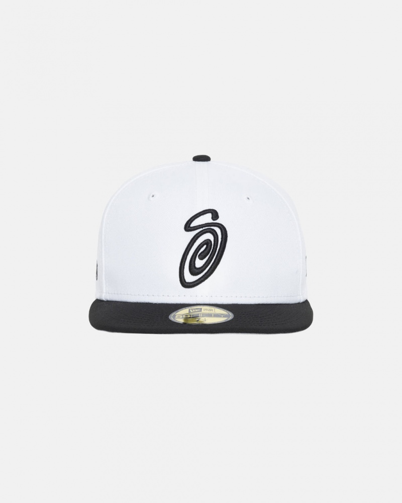 Stussy New Era 59Fifty Curly S - Unisex Wit Zwart | ZBENQ98134