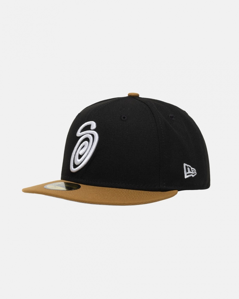 Stussy New Era 59Fifty Curly S - Unisex Zwart Goud | BEJBT49184