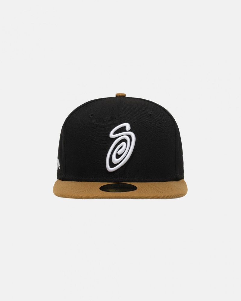 Stussy New Era 59Fifty Curly S - Unisex Zwart Goud | BEJBT49184