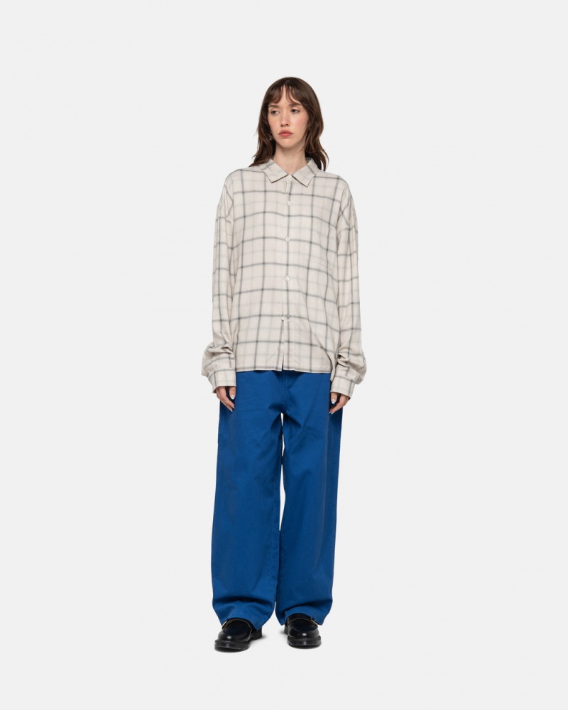 Stussy Shadow Plaid Rayon Shirt - Unisex Tops Beige | YBEVQ38705